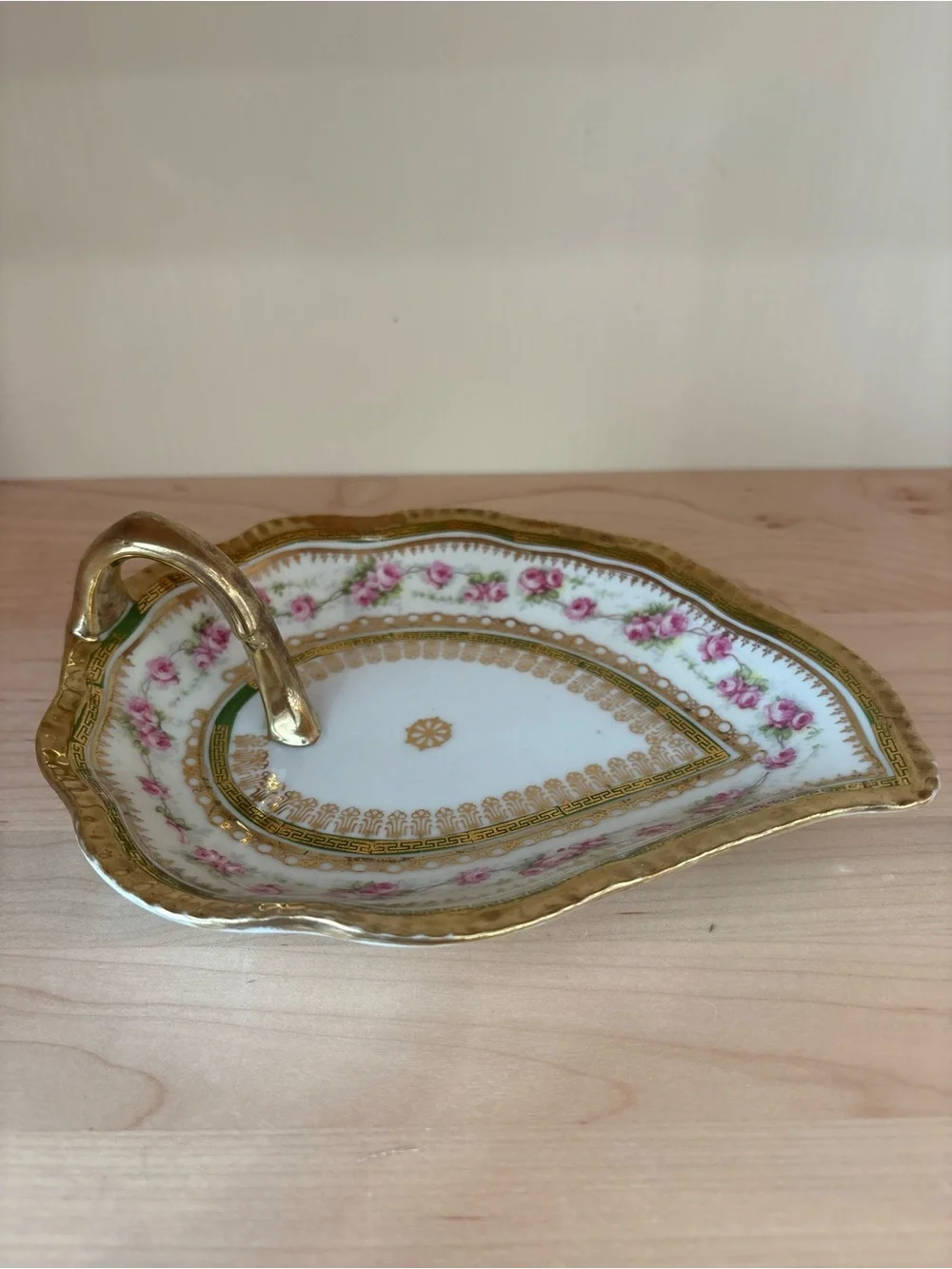 Antique Heinrich & Co Bavarian Porcelain Leaf Dish Gold Gilt Rose Trinket Tray